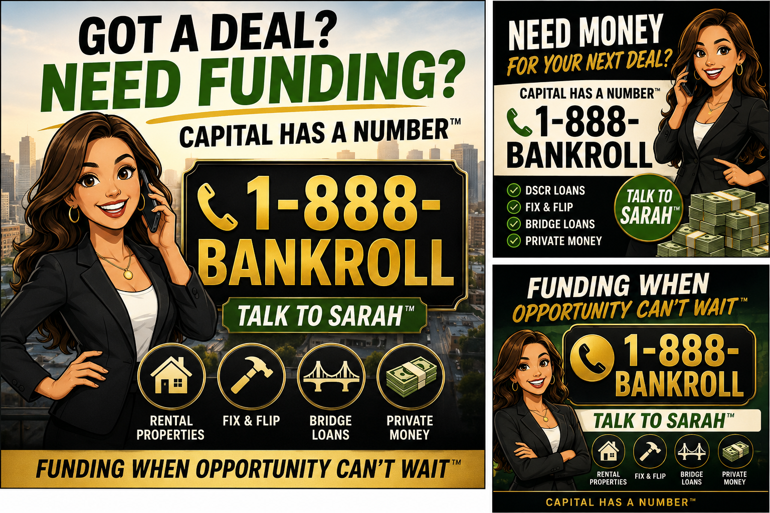 Illustrated Talk to Sarah ad set for 1-888-BANKROLL covering rental properties, fix and flip, bridge loans, and private money